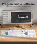 Next Level Tri Mode Wireless Mechanical Keyboard With Buttery Smooth Cnc Volume Knob Hot Swap Ready Pre Lubed Linear Switches Cozy Gasket Mount Rgb Gamer Board For Desktop Workstation Setups shown with programmable software and RGB effects on a monitor.