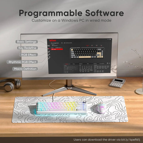 Next Level Tri Mode Wireless Mechanical Keyboard With Buttery Smooth Cnc Volume Knob Hot Swap Ready Pre Lubed Linear Switches Cozy Gasket Mount Rgb Gamer Board For Desktop Workstation Setups shown with programmable software and RGB effects on a monitor.