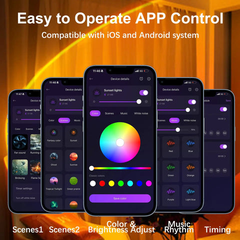 App control interface for Dope Glow LED Light Projector For Aesthetic Room Vibe with RGB color settings and timer features shown.