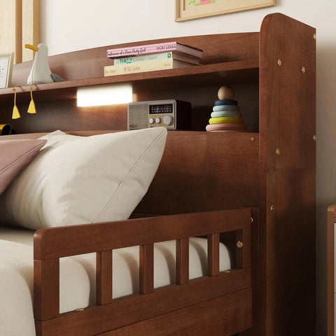 Solid Pine Wood Bed With Bookcase Headboard And Walnut Finish, Built In LED Motion Sensor Light, Sturdy Guard Rails