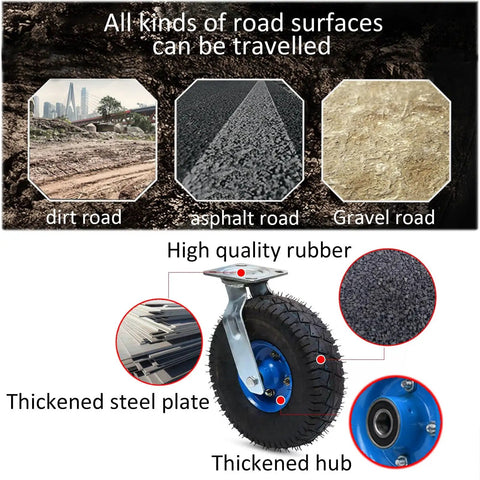Two Pack Heavy Duty Rubber Pneumatic Caster Wheels 6 8 10 Inch Swivel Casters With Quiet Brakes on various road surfaces