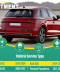Rear view of red Audi Q5 with all-weather conditions icons, detailing service years for Audi Q3/Q5, SQ5, and Porsche Panamera models.