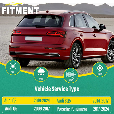 Rear view of red Audi Q5 with all-weather conditions icons, detailing service years for Audi Q3/Q5, SQ5, and Porsche Panamera models.