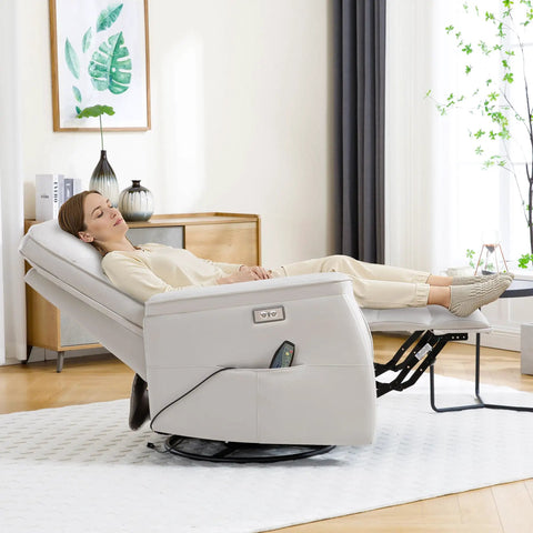 Woman relaxing on power adjustable faux leather recliner chair for adults with massage and heat, beige color, in living room
