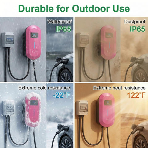 Level 2 Ev Charger To Smoothly Top Off Your EV Battery With 50Amp And 12Kw Raw Juice 240V Hardwired Hookup shown in extreme weather settings.