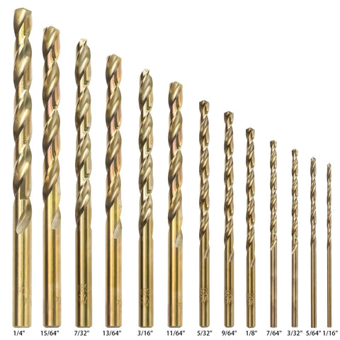 13 Piece Cobalt Drill Bit Set With M35 HSS 135 Degree Point Twist Jobber Length For Hardened Metal Cast Iron Stainless Steel