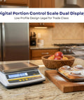 Digital Food Scale For Commercial Kitchens With Pro Grade Rechargeable Battery, NTEP Class III Legal For Trade, Large Stainless Steel Platform, Food And Meat Scale For Baking, Deli, Butcher Shops, And Retail Use PX12 on a kitchen counter with pastries