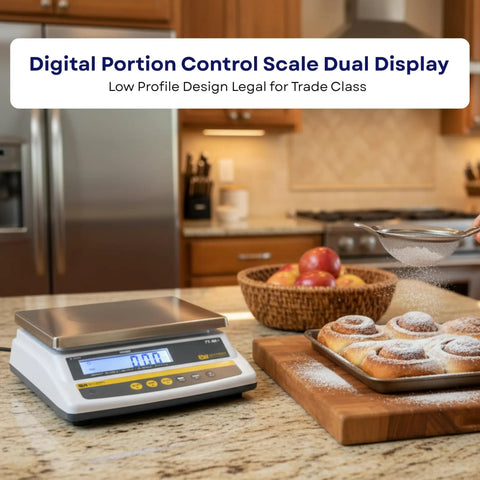 Digital Food Scale For Commercial Kitchens With Pro Grade Rechargeable Battery, NTEP Class III Legal For Trade, Large Stainless Steel Platform, Food And Meat Scale For Baking, Deli, Butcher Shops, And Retail Use PX12 on a kitchen counter with pastries
