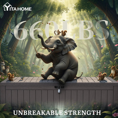 Elephant sitting on a deck box labeled 660 lbs, illustrating unbreakable strength.