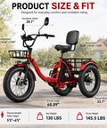 All Terrain Fat Tire Electric Tricycle For Adults With 750W Motor And Removable 48V 15.6Ah Battery, 40 To 60 Mile Range For City Cruisin And Errands, 20 Inch By 4 Inch Fat Tires, 3 Wheel E Trike, 330 Lb Payload, Heavy Duty High Carbon Steel Frame, Front view with size and fit labels