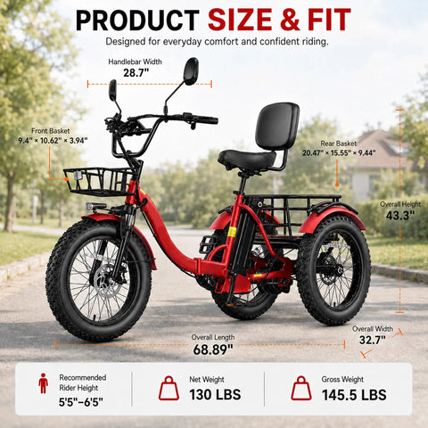 All Terrain Fat Tire Electric Tricycle For Adults With 750W Motor And Removable 48V 15.6Ah Battery, 40 To 60 Mile Range For City Cruisin And Errands, 20 Inch By 4 Inch Fat Tires, 3 Wheel E Trike, 330 Lb Payload, Heavy Duty High Carbon Steel Frame, Front view with size and fit labels