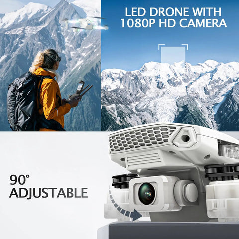 Kids Drone With Camera 1080P HD FPV Quadcopter with 90° adjustable lens and LED lights in mountain setting