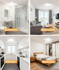 Whisper Quiet Bathroom Exhaust Fan With LED Light, 110 CFM, Ultra Low 1.0 Sone, 8x8 Inlet Opening, installed in multiple rooms.