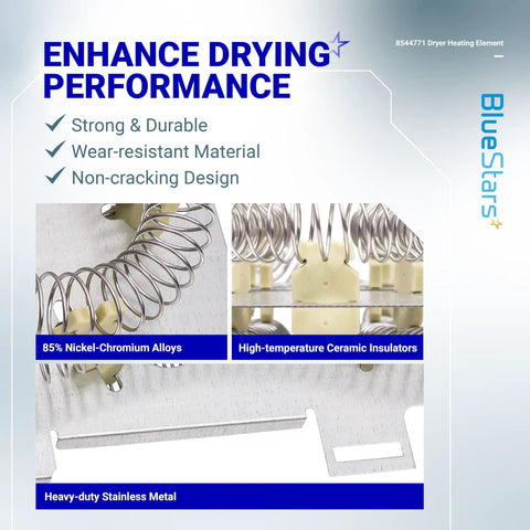 Dryer Heating Element Replacement Compatible With Whirlpool Kenmore Maytag Dryers Replaces WP8544771 showcasing nickel-chromium coils and ceramic insulators.