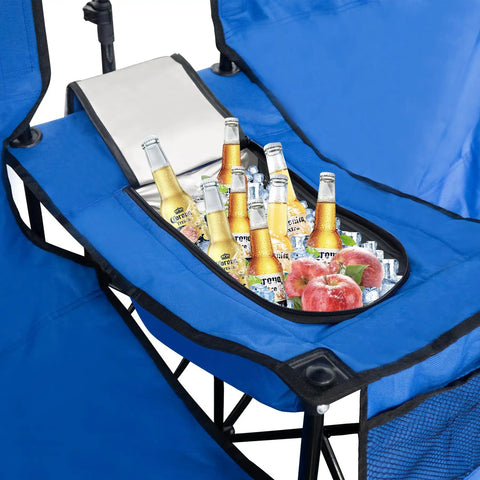 Double Beach Chair With Canopy Shade Built In Cooler Bag And Cup Holders Oversized Folding Loveseat For Outdoor Use showing cooler filled with drinks