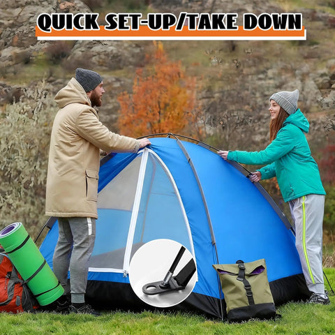 Couple setting up tent with Replacement Tent Poles For Wakeman 2 Person Dome Tent Easy Setup Camping Gear, close-up of tent clip.