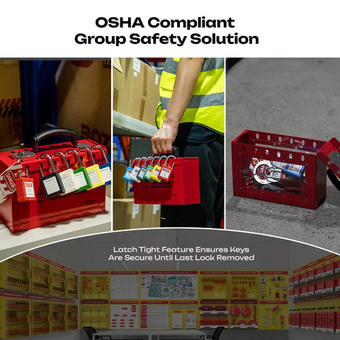 Workhorse OSHA Compliant Lockout Tagout Box Rugged Red Steel Padlock Holder With Carry Handle For Team Maintenance Jobs Locks Down Power Sources Tight And Keeps The Crew Secure