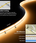 20 Foot COB LED Strip Light Warm White 3000K With 3087 LEDs showing flexible cutting and 3M adhesive detail