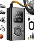Wireless Portable Tire Inflator With Digital Pressure Gauge And Built In Led Light For Cars Bikes And Sport Gear near a tire with digital readout.