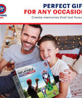 Father and son smiling while holding a box of a 65 Inch Inflatable Football Target Net Toss Game With Double Sided Practice Target And Mini Balls.