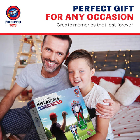 Father and son smiling while holding a box of a 65 Inch Inflatable Football Target Net Toss Game With Double Sided Practice Target And Mini Balls.