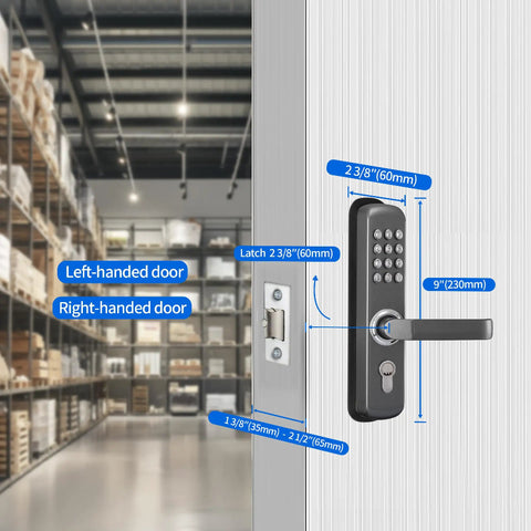 All Metal Mechanical Door Lock MX230G with Six Digit Keypad and Key Entry on industrial white door indoors.
