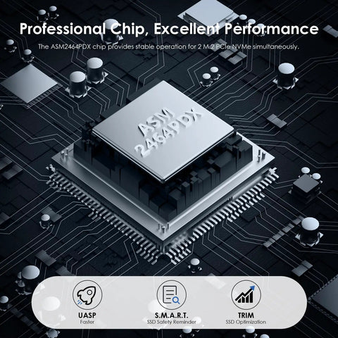 Tool Free Dual Nvme Usb4 Enclosure Packing Killer 40Gbps Transfer Speeds For M Key Ssd Drives With No Fuss Offline Cloning And Chill Active Cooling For Heavy Duty Data Backup And Gaming, showcasing ASM2464PDX chip on circuit board.