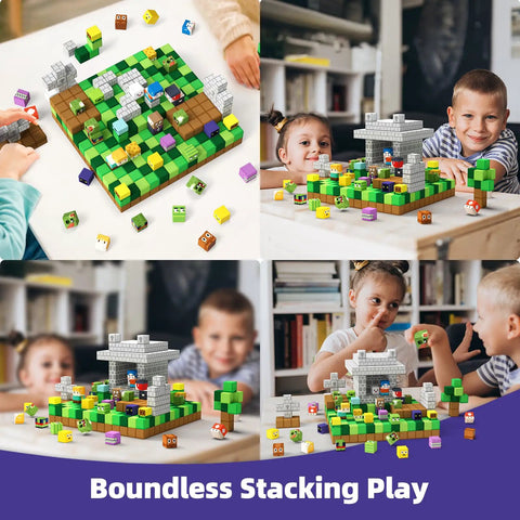 Magnetic Blocks Build Set For Kids 3 Plus 48 Piece Zomblock Cubes STEM Toy with kids playing and colorful cubes