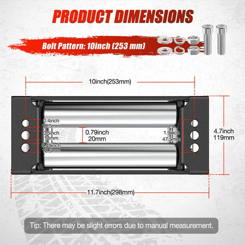 Diagram showing dimensions and bolt pattern for 10 Inch Winch Fairlead Roller Guard For Steel Cable, Heavy Duty 4 Way Universal Cable Guide With Mounting Hardware, Helps Prevent Wire Rope Wear On 8000-12000 Lbs UTV ATV Winches Black.
