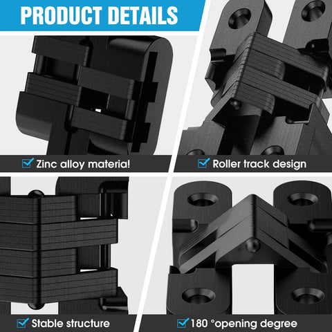 Invisible Cabinet Door Hinges 180 Degree Sweep Hidden Cross Hinge 4 Pack For Frameless Furniture No Sweat Setup Smooth Rotation showing zinc alloy material and roller track design.