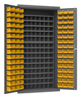 Heavy Duty 14 Gauge Welded Steel Small Parts Storage Cabinet With 112 Pigeon Holes And 96 Hook On Bins opened view with gray and yellow components.