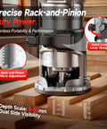 Close-up of Cordless Compact Router showing rack-and-pinion adjustment and depth scale, 800W brushless motor visible on wood surface