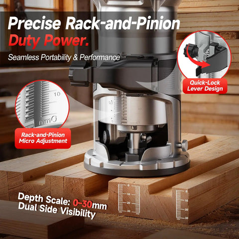 Close-up of Cordless Compact Router showing rack-and-pinion adjustment and depth scale, 800W brushless motor visible on wood surface