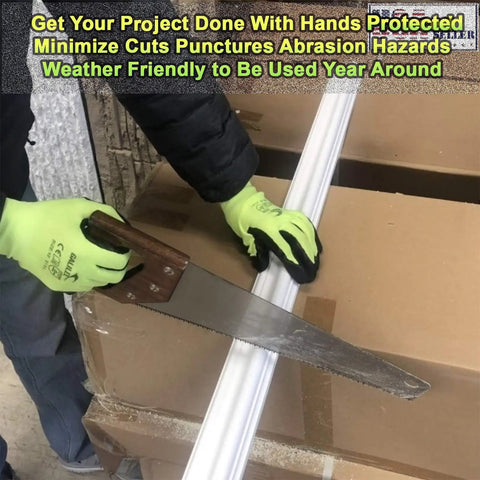 Person wearing non slip work gloves for men and women with water based latex palm coating using a saw indoors.