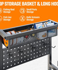 Freestanding Fishing Rod Rack With 3 Tier Shelves And Pegboard Basket Heavy Duty Pole Holders For Garage Holds Up To 12 Rods Scratch Resistant Slots Black