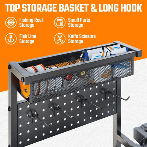 Freestanding Fishing Rod Rack With 3 Tier Shelves And Pegboard Basket Heavy Duty Pole Holders For Garage Holds Up To 12 Rods Scratch Resistant Slots