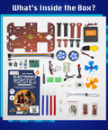 Contents of Ten In One STEM Robotics Kit For Kids Aged 8 To 14 With Hands On Electronics And Engineering Projects displayed