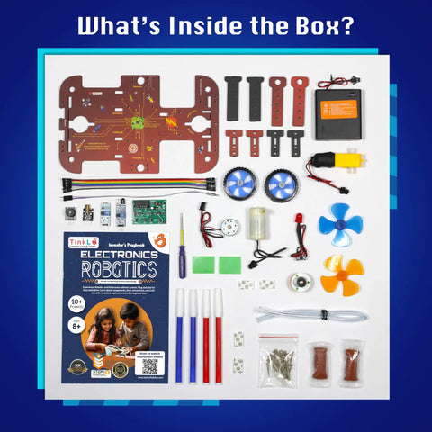 Contents of Ten In One STEM Robotics Kit For Kids Aged 8 To 14 With Hands On Electronics And Engineering Projects displayed