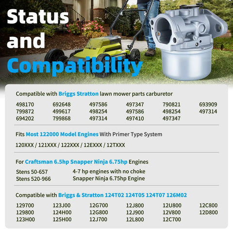 Status and Compatibility Chart for Carburetor With Air Filter Cleaner And Primer Base Fits Briggs And Stratton 498170 799872.