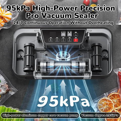 11 In 1 Smart Food Vacuum Sealer With 95 KPa Power, Built In Cutter And Bag Storage, shown with high-power aluminum pump