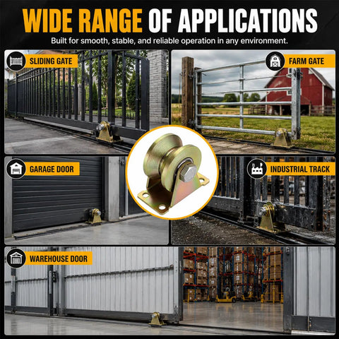 Heavy Duty 4 Inch V Groove Caster Wheel Set For Square Metal Tracks Packing Serious 1765 Lb Capacity Per Wheel shown on sliding gate and garage door.
