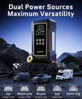 Powerful Heavy Duty Tire Inflator Portable Air Compressor With 12000mAh Battery 150 PSI Output displayed with vehicles