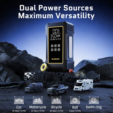 Powerful Heavy Duty Tire Inflator Portable Air Compressor With 12000mAh Battery 150 PSI Output displayed with vehicles