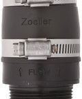Front view of Zoeller inline check valve, small black body with two metal hose clamps and threaded bottom.