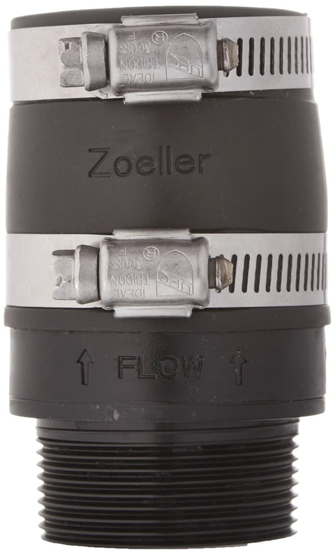Front view of Zoeller inline check valve, small black body with two metal hose clamps and threaded bottom.