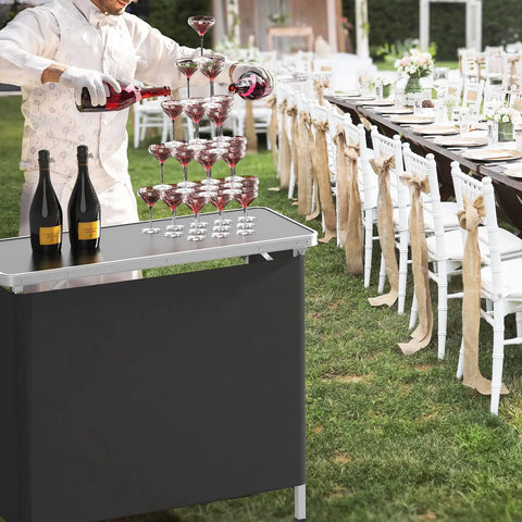 Portable Bar Table With 2-Tier Shelves, Lightweight Foldable Event Stand For Parties, Champagne Setup, Black Skirt