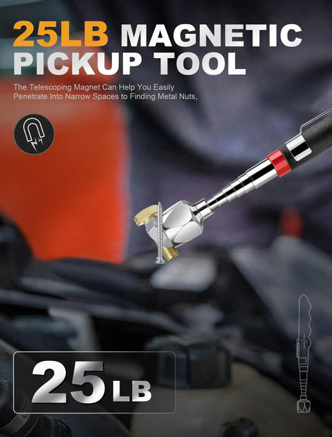 Two Pack Pickup Tool Set With 25 Lb Telescoping Magnet Grabber Pocket Clip shown lifting metal items.
