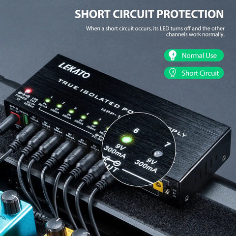 True Isolated Guitar Pedal Power Supply with ten outputs, showing LED lights and connected cables, on a pedalboard