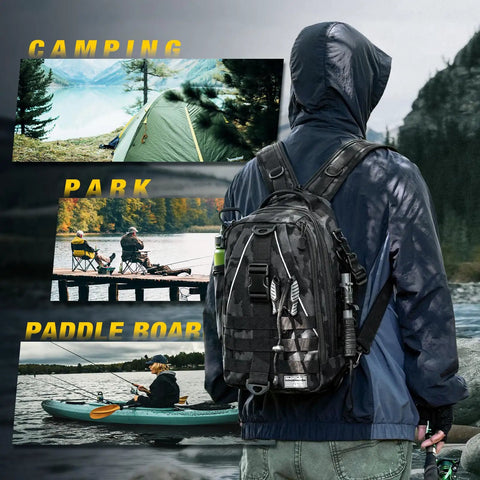 Man wearing waterproof fishing backpack with tackle boxes, pliers, lures, and rod holder, near outdoor scenes of camping, park, paddle board.