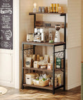 Kitchen Bakers Rack With Power Outlet And Coffee Bar Table Four Tier Space Saving Microwave Stand With Six S Shaped Hooks Storage Shelf For Spices Pots And Pans Rustic Brown Finish Perfect For Tiny Kitchens And Busy Mornings in cozy kitchen setting